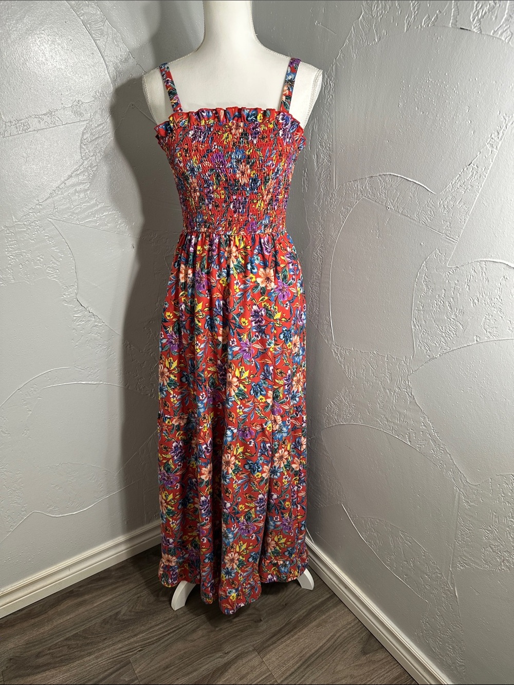 Floral Smocked Maxi Dress in Red